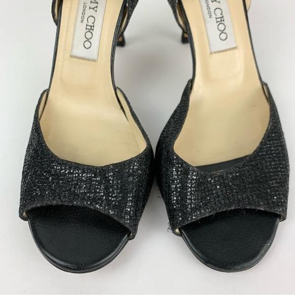 Jimmy Choo Laser Black Glitter Sparkle Slingback Peep Toe Stiletto Heel 38.5 - Picture 4 of 13
